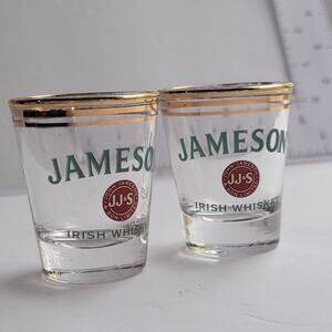 Jameson Irish Whiskey Shot Glasses Set Of 2 Clear Glass Gold Rim Barware
